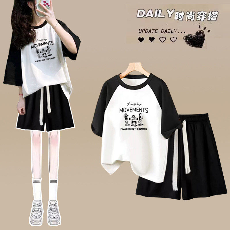 学院风可爱少女休闲运动服套装女夏季学生韩版宽松短袖短裤两件套