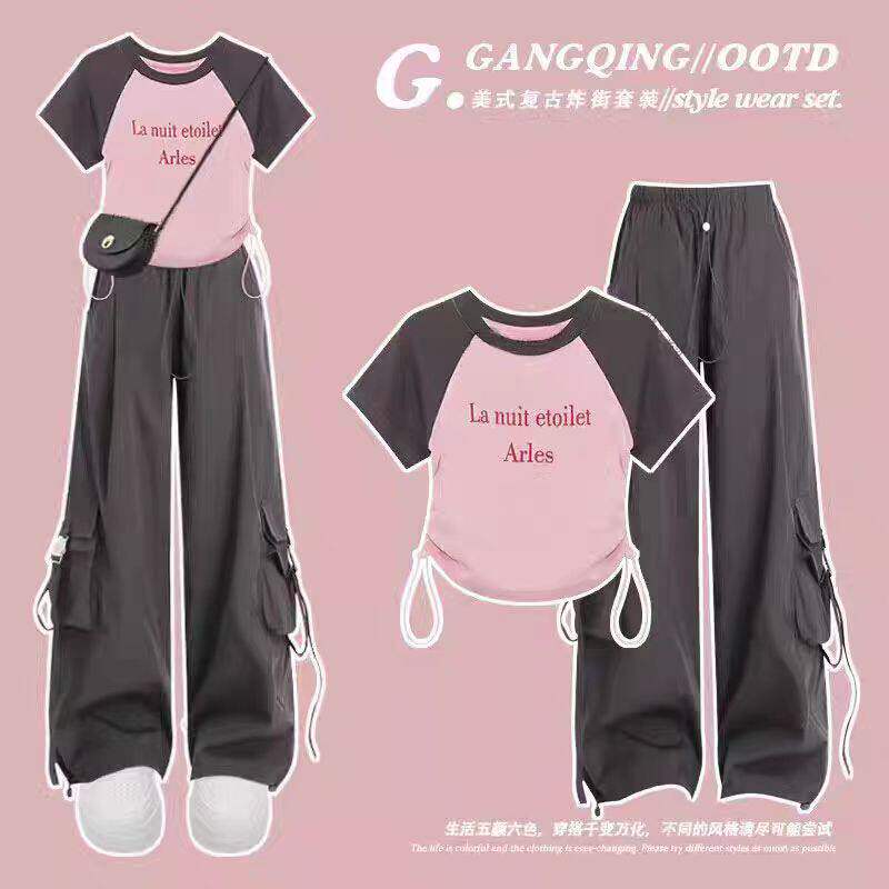 初中生大童套装女夏季学生抽绳短袖t恤高腰工装阔腿裤休闲两件套