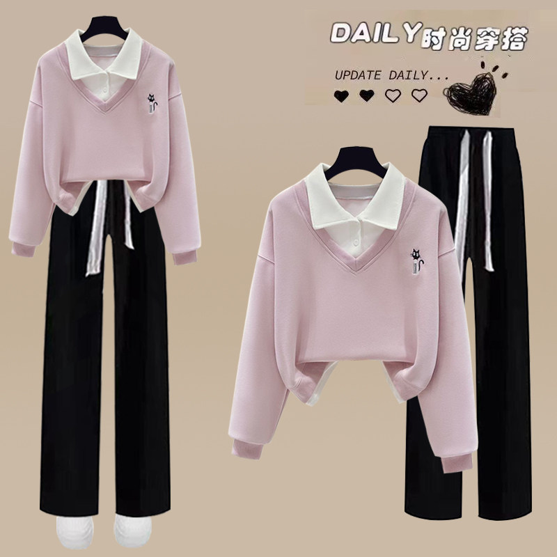 洋气学院风少女假两件卫衣套装2025新款初高中学生韩系休闲两件套