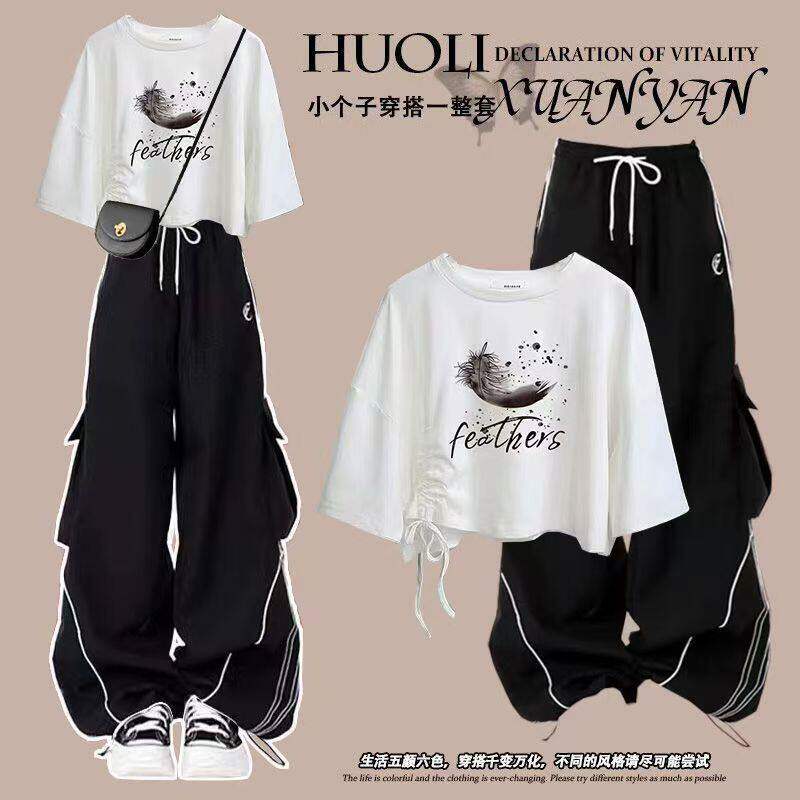 夏季甜酷风套装女学生大童韩版宽松短袖t恤高腰工装阔腿裤两件套