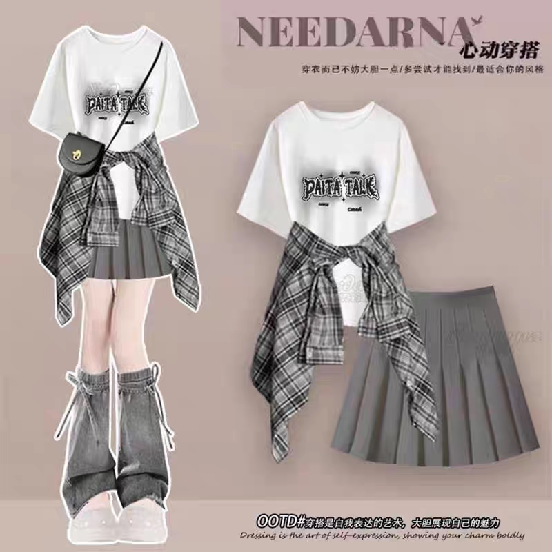 夏天穿搭一整套2026新款初中生女童短袖上衣衬衫短裙洋气时髦套装