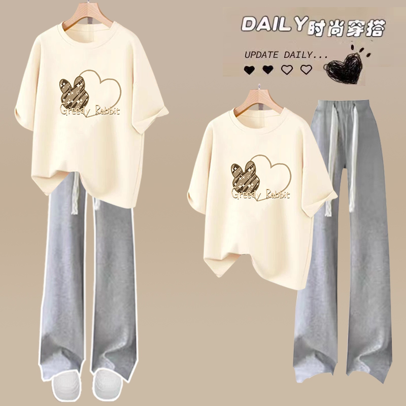 夏季时尚穿搭套装2026年新款宽松短袖T恤+休闲阔腿裤一整套ins潮