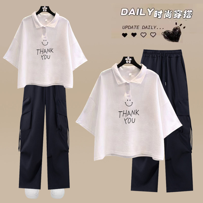 俩件套黑色工装裤女2026新款小个子宽松短Polo领夏季学生运动套装