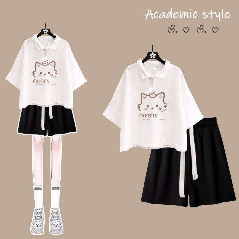 初中学生短袖t恤女短裤套装新款纯棉夏装polo衫领高中生少女生潮