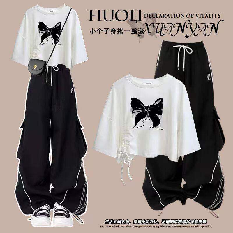 巨好看甜酷套装女大童夏季学生蝴蝶结印花短袖t阔腿工装裤两件套