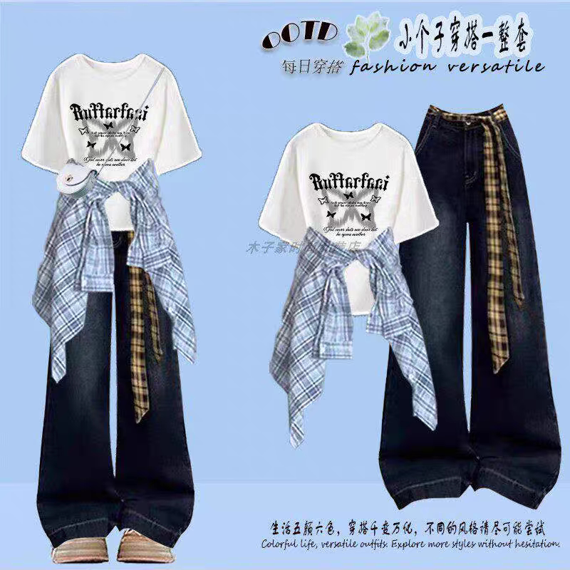 初中生穿搭一整套夏季新款高初中生女童短袖T恤+牛仔裤多巴胺套装