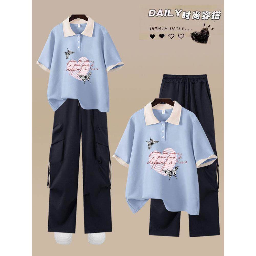 初高中学生夏季2026新款休闲运动套装少女学院风短袖工装裤两件套