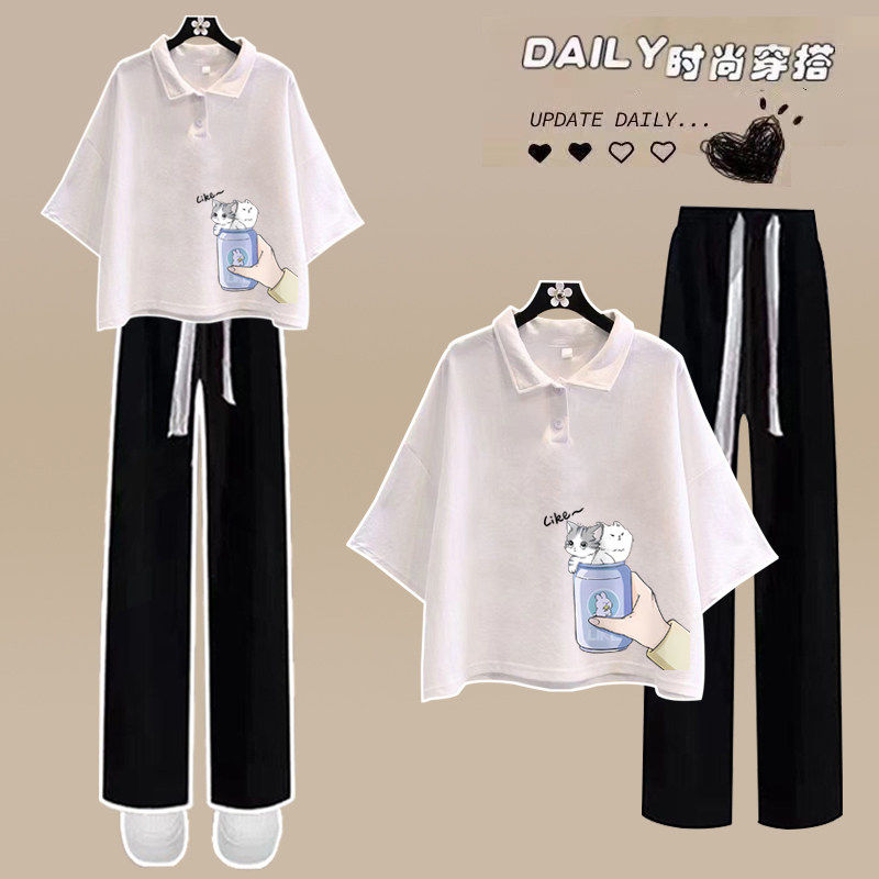 初中学生时尚套装少女炸街Polo短袖T恤宽松阔腿裤运动夏季两件套