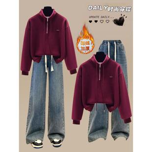 2026新年春节巨好看过年酒红色新款秋冬加绒卫衣女学生初中生套装