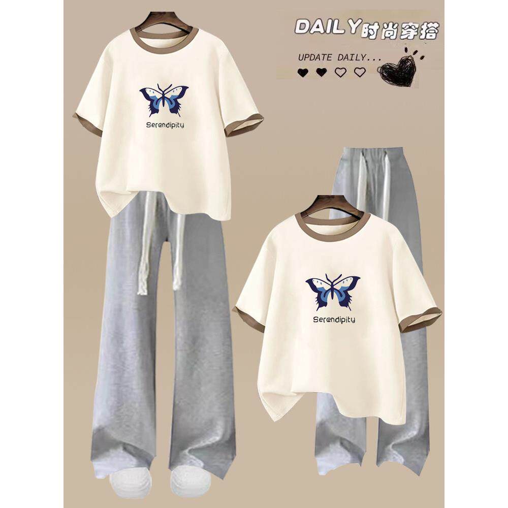 学院风休闲运动服套装女夏季时尚拼接纯棉短袖长裤学生少女两件套