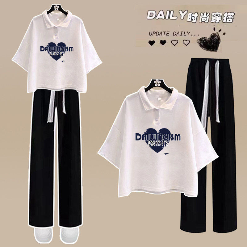 15岁少女夏季Polo衫短袖套装女16高中13初中学生14女孩长裤两件套