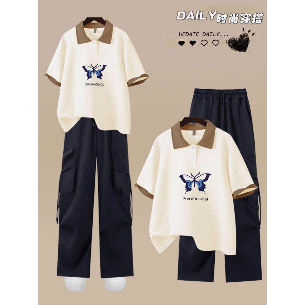 日系学院风休闲运动套装女夏季宽松显瘦工装polo衫短袖长裤两件套