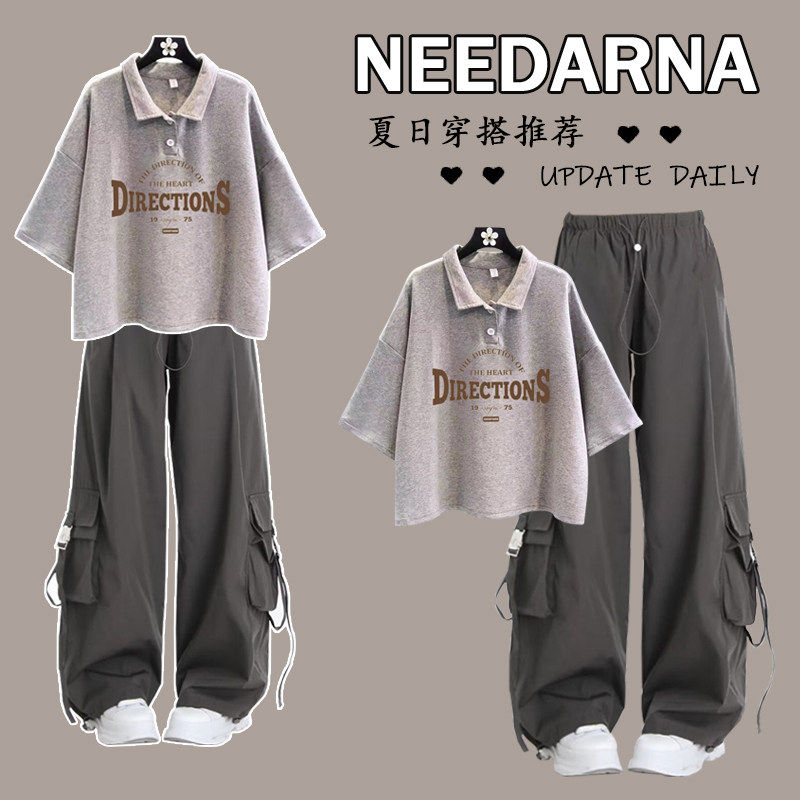 高初中学生夏季阔腿裤套装2025年少女休闲洋气Polo纯棉T恤两件套