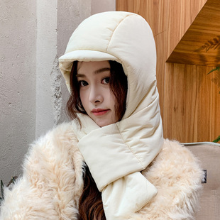 韩版时尚百搭帽子女士冬显脸小帽子围巾一体帽防风保暖护耳雷锋帽