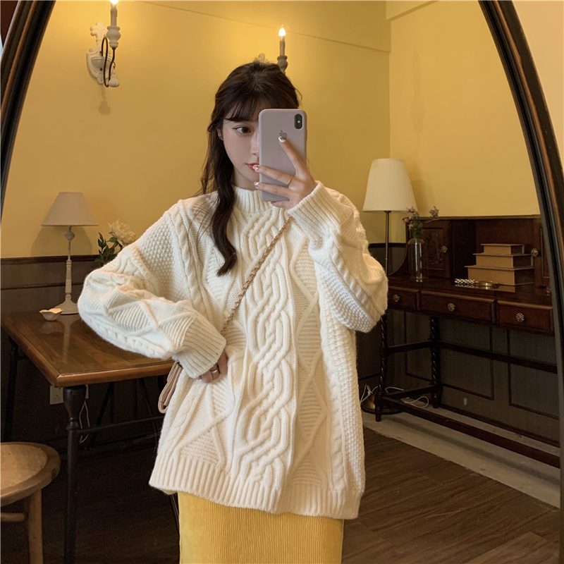 Real shot real price retro lazy style loose twist thickened knitted pullover sweater for women