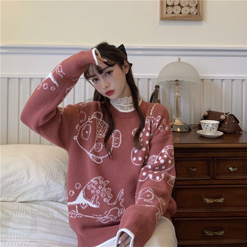 Real shot real price Korean retro jacquard pin beads cute junior T-shirt thickened sweater