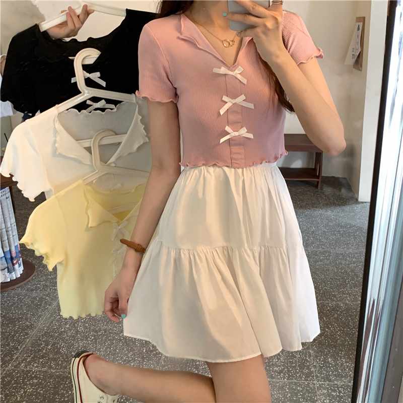 Real price bow V-neck wood ear Lapel short sleeve T-shirt + elastic waist anti gloss skirt