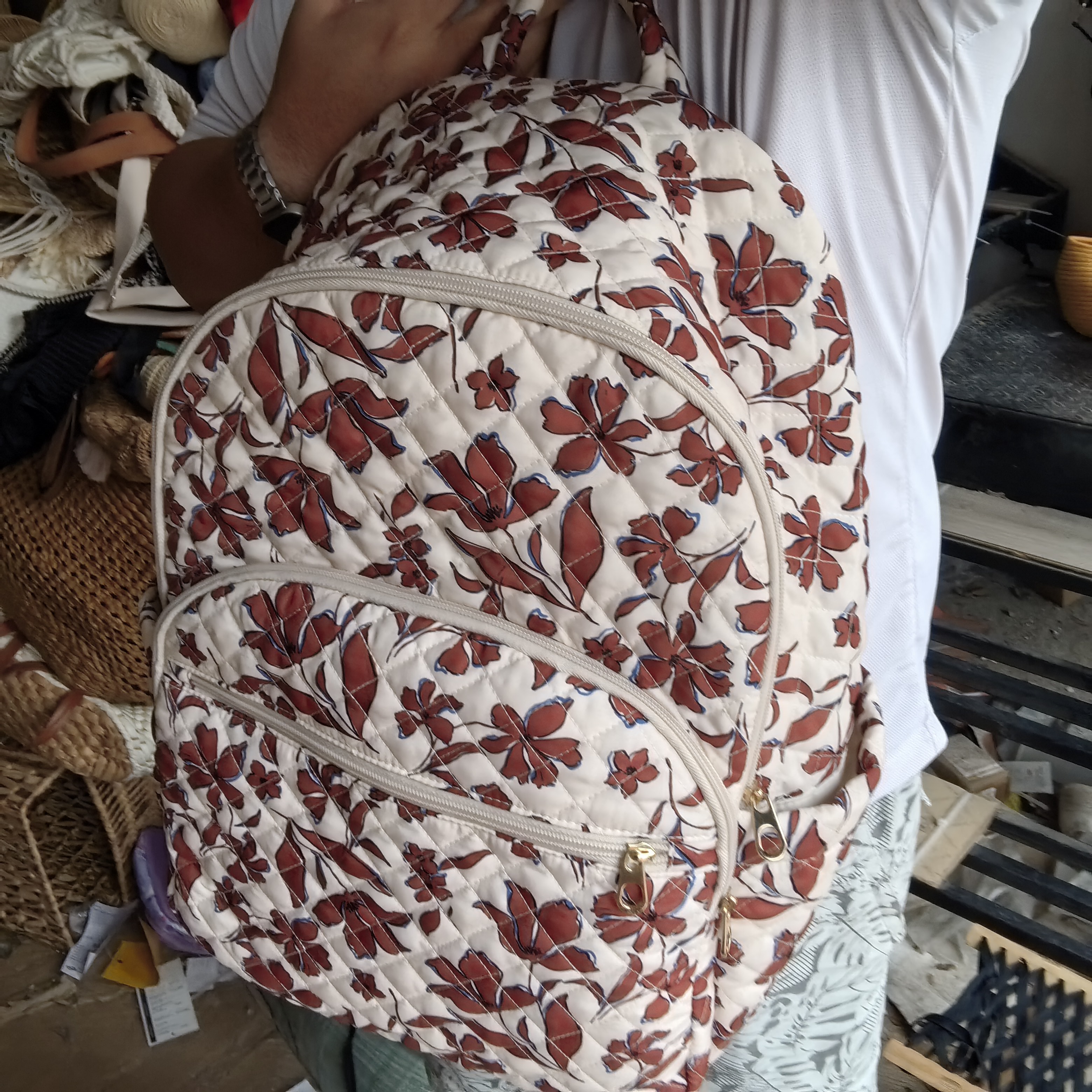 单只孤品红花双肩棉布大女包休闲简约设计感通勤穿搭碎花能装白底