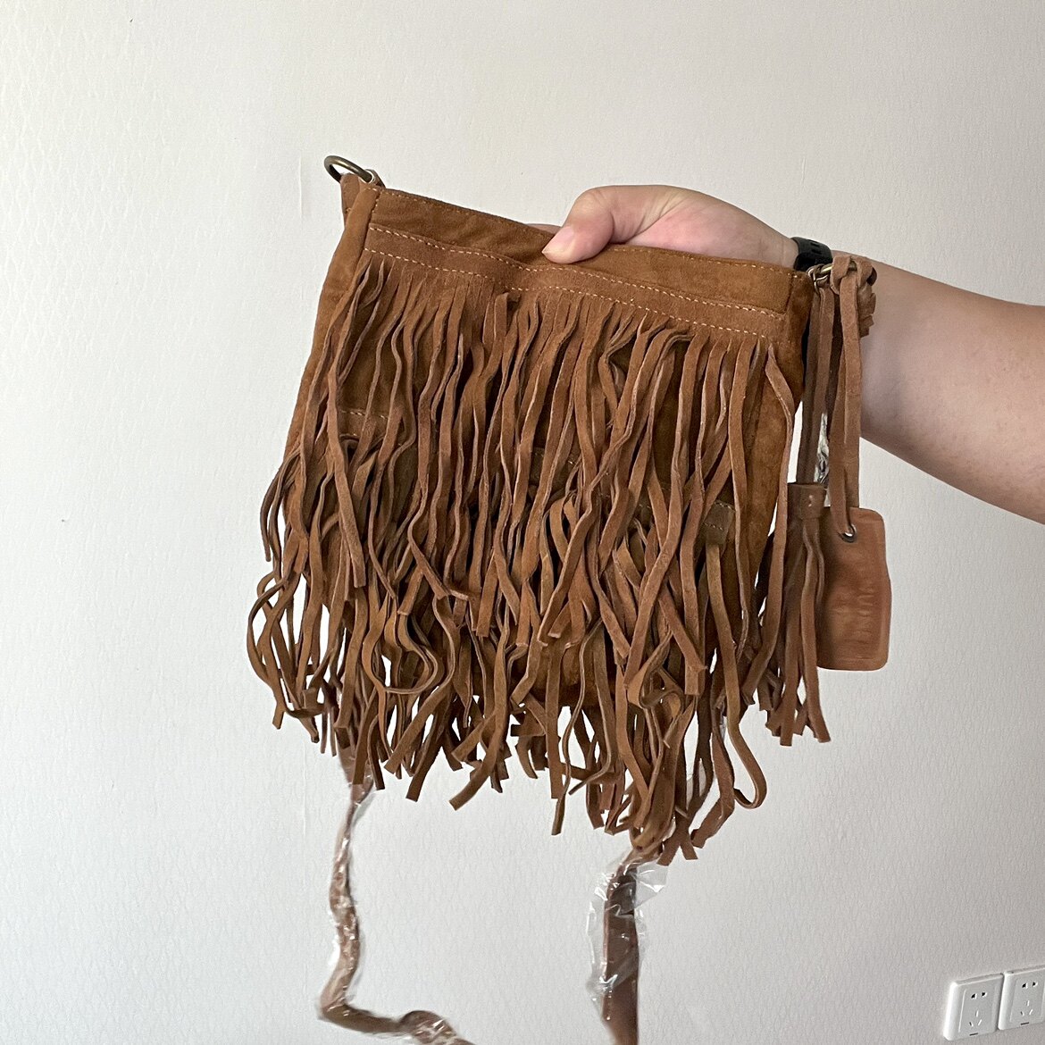 牛皮双面长流苏单肩斜挎女包ins风牛仔休闲随身小包棕色品质潮品