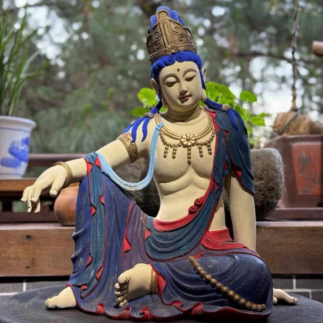 香樟木 阿弥陀佛木雕摆件 佛堂供奉佛像矿物质彩绘仿古做旧唐三彩