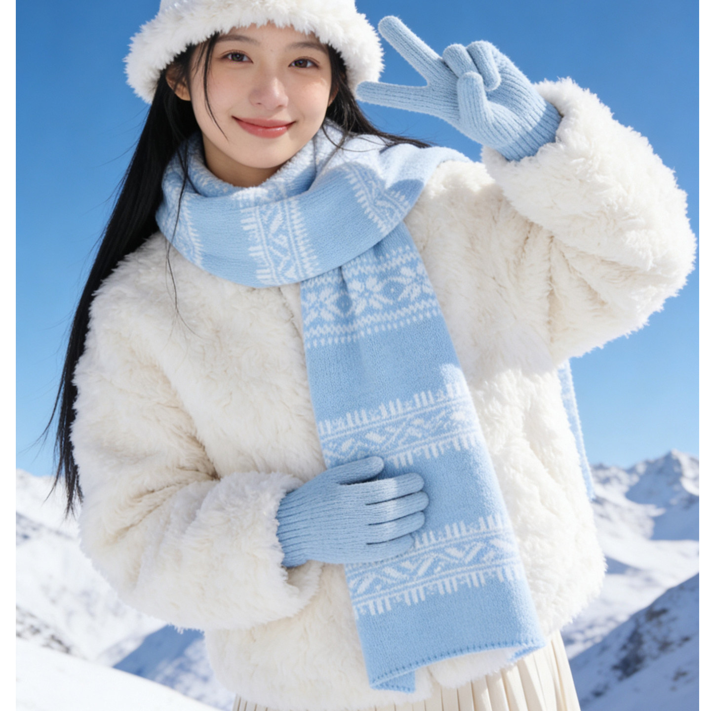 新款费尔岛雪花双面针织围巾女秋冬季加厚保暖披肩高级感情侣围脖