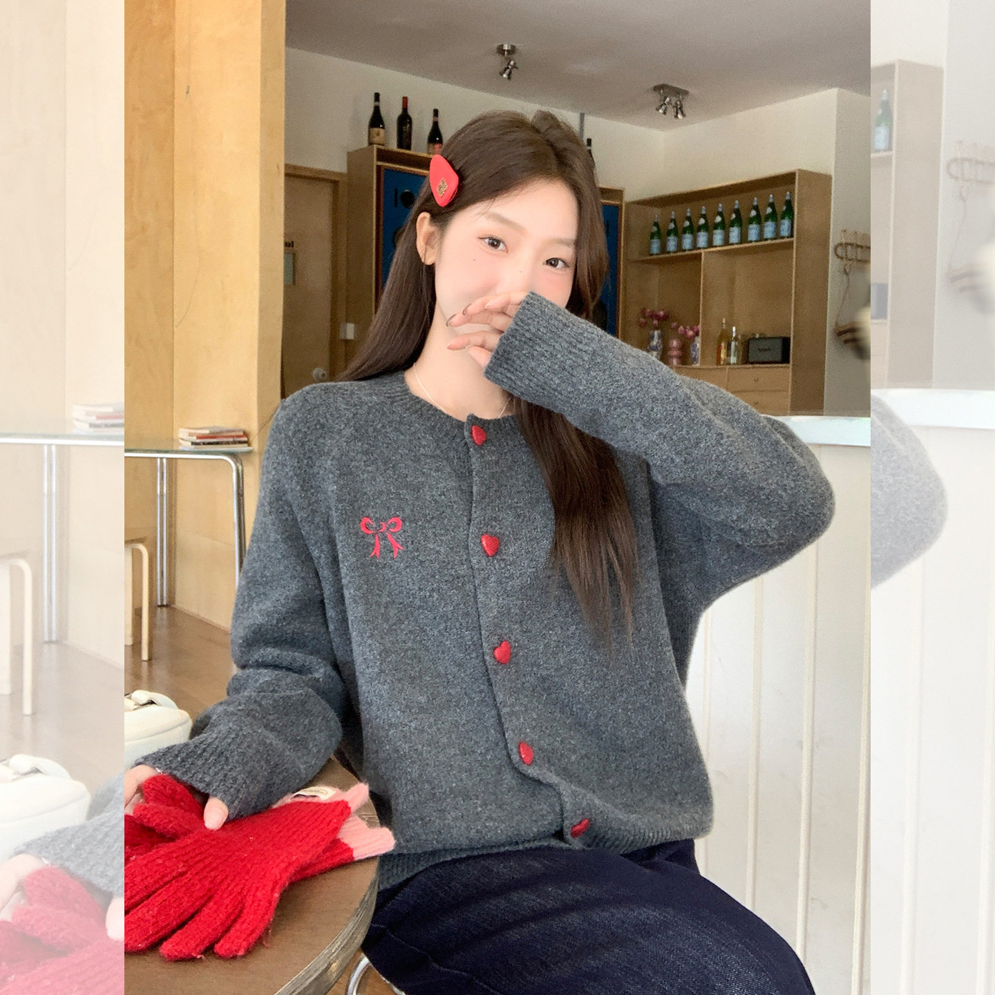 韩版蝴蝶结刺绣灰色长袖针织开衫女2025秋冬宽松慵懒毛衣外套