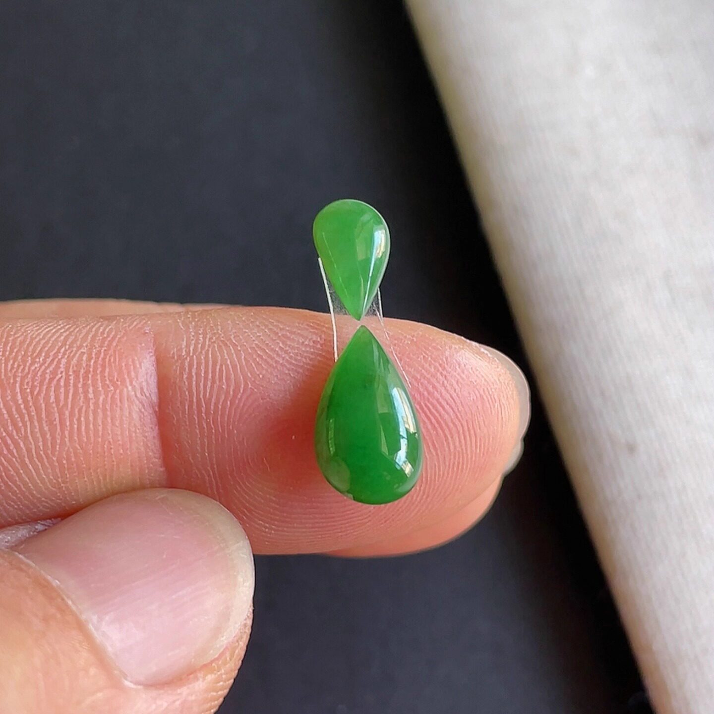 0814-5天然老坑冰种阳绿水滴戒面一套 翡翠A货送证书~金晶翡翠