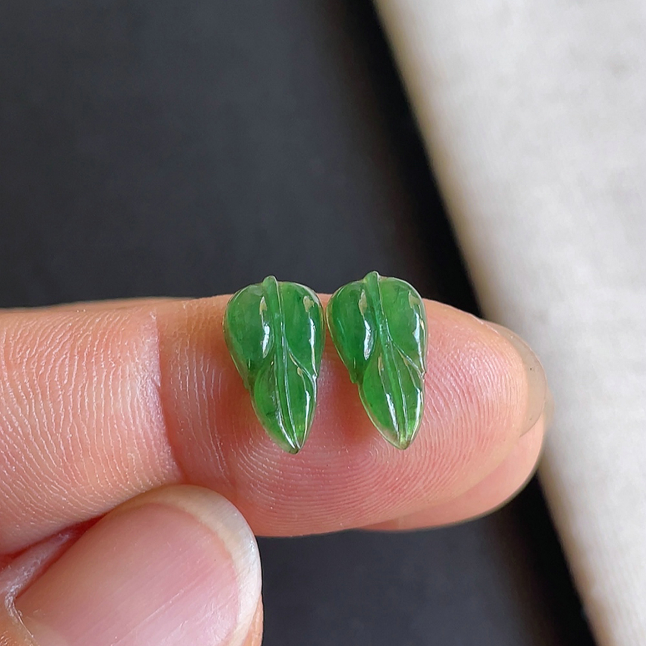 冰种满绿叶子戒面一对天然玉石