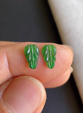 0821-2天然老冰种阳绿叶子戒面一对坑 翡翠A货送证书～金晶翡翠