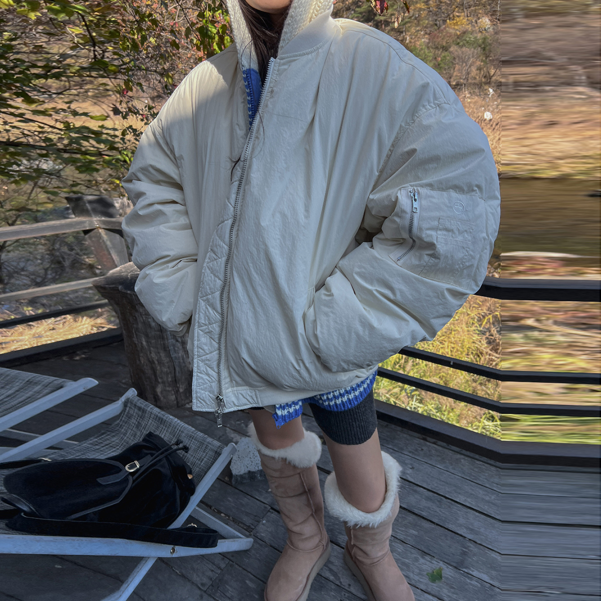 韩版中长款宽松大码羽绒服褶皱