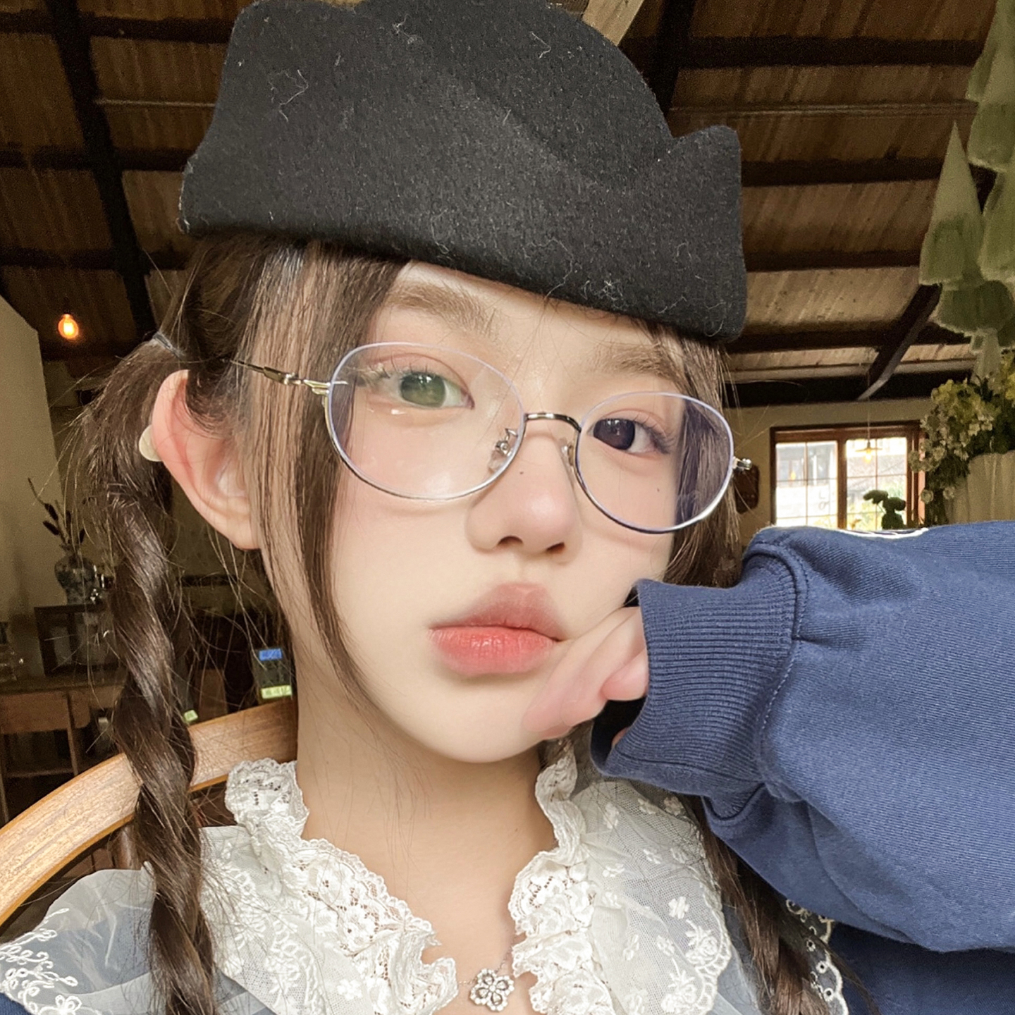 日系网红椭圆银丝下半框眼镜女时尚近视可配度数素颜显瘦平光镜潮