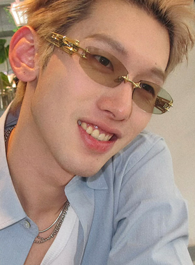 欧美个性无框太阳眼镜男女同款金属装饰痞帅防紫外线街拍时尚墨镜