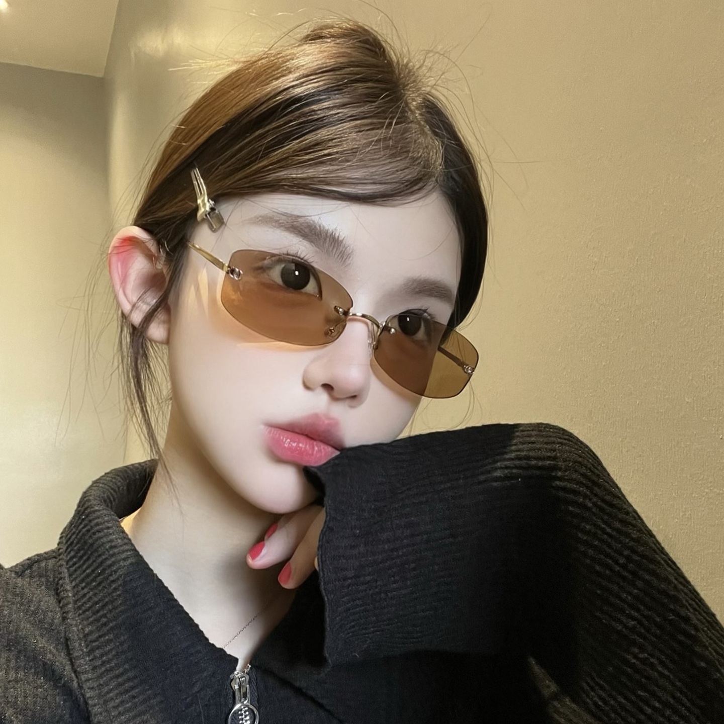 欧美辣妹茶色y2k高级感街拍无框墨镜女方形个性网红同款太阳镜潮