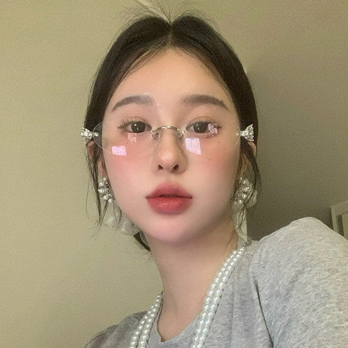 gm镶钻椭圆无框眼镜韩系纯欲风女素颜高智感显脸小可配度数平光镜