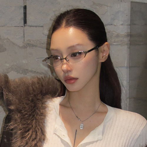 银色无框猫眼半框眼镜女潮流欧美复古y2k网红同款凹造型个性镜框