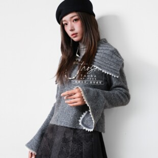 翻领花边毛衣通勤气质针织衫上衣灰黑白色女装秋冬民族蒙古族百搭