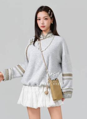 秋季针织洋气卫衣外套上衣女装马蹄袖灰色立领蒙古族