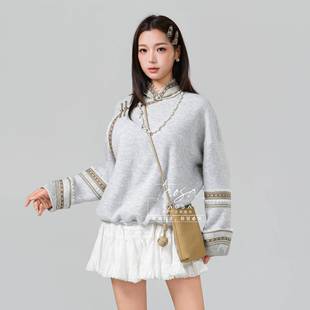 秋季针织洋气卫衣外套上衣女装马蹄袖灰色立领蒙古族