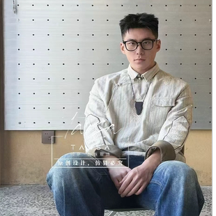 条纹刺绣民族风情侣男款衬衫春秋冬百搭民族风蒙古情侣上衣