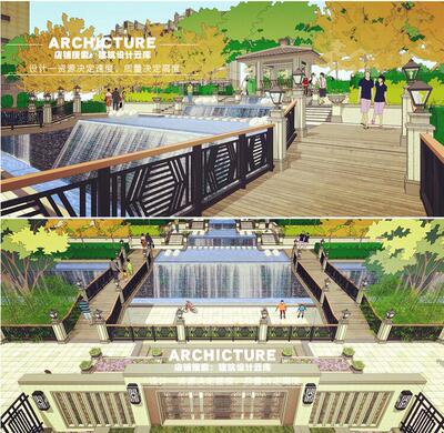 欧式新古典小区主入口景观景墙跌水瀑布叠水花盆SU模型sketchup