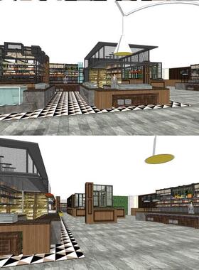 现代工业风室内工装案例SU模型餐厅餐吧餐馆咖啡厅美食城sketchup