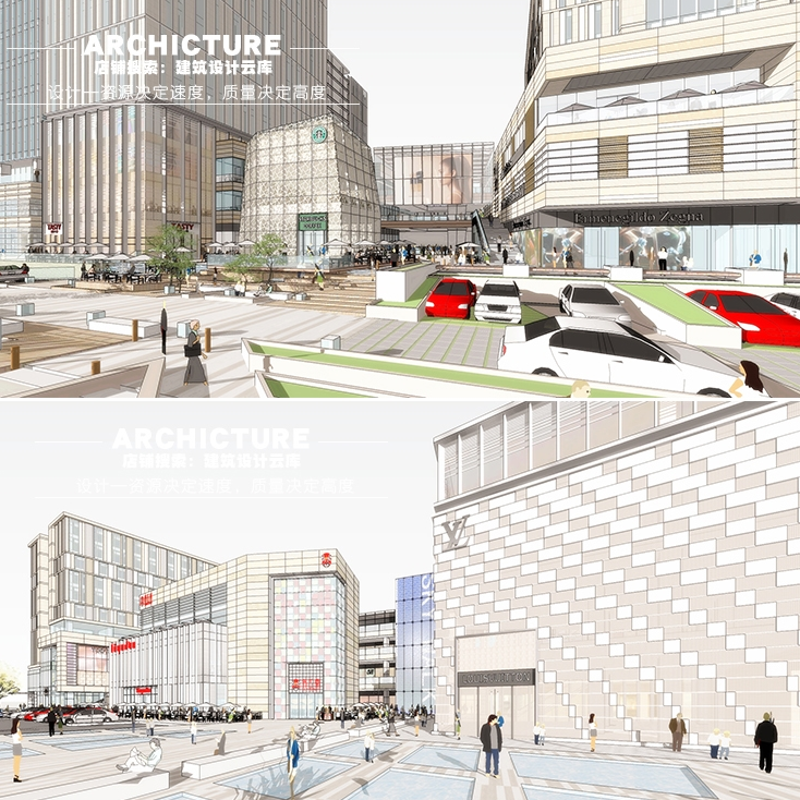 现代商业综合体商业内街石材玻璃幕墙异形入口回廊草图大师SU模型