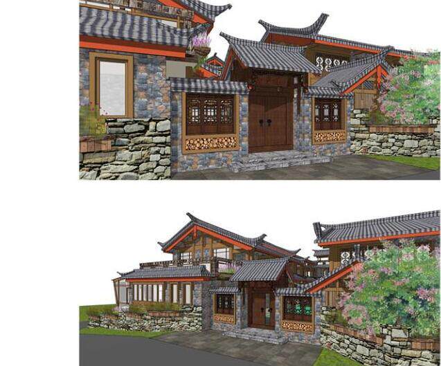丽江古镇民宿客栈旅店驿站中式古建筑改造方案设计SU模型素材案例