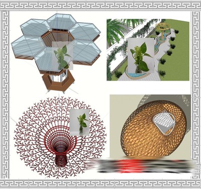 现代廊架花架观景台灯柱度假村民宿酒店森林木屋草图大师SU模型