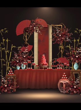 中式红色婚礼结婚宴竹子花瓶纸扇花艺婚宴迎宾签到台PSD分层素材
