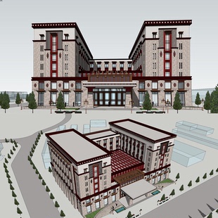 藏族特色风情度假村民宿酒店大门入口对景建筑草图大师SU模型 藏式