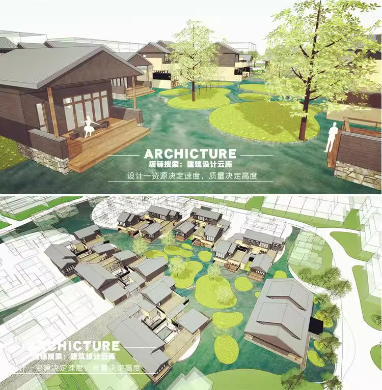 日式滨水山间小溪木屋民宿别墅酒泉度假村酒店建筑草图大师SU模型