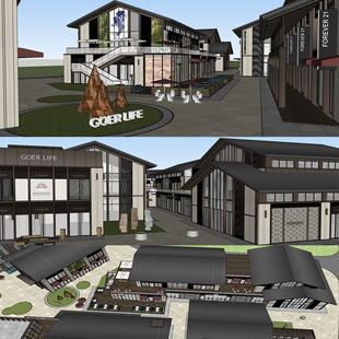 新中式新亚州商业街购物中心酒吧街水吧咖啡厅木屋SU模型sketchup