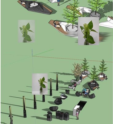 度假村现代异形折面树池坐凳景观坐椅景观灯垃圾桶草图大师SU模型