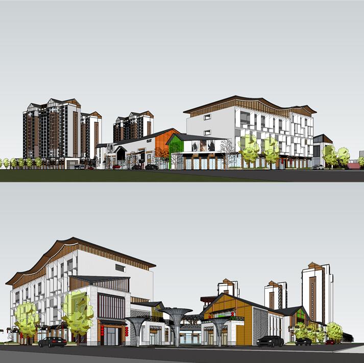 新中式高层住宅小区商业综合体购物广场商城商场SU模型sketchup